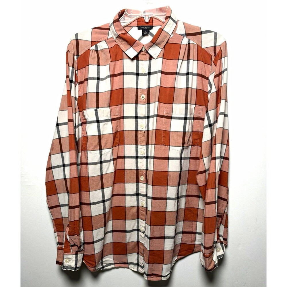 Ann Taylor Factory Women XL Brown/White Plaid Collared Long Slv Button-Up